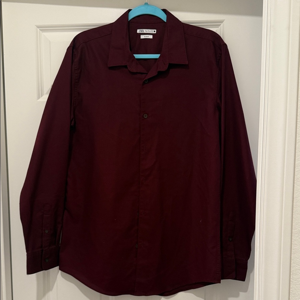 Zara Men Burgundy Casual Button-Down Slim Fit Shirt
